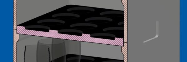 Box de transport et présentation pour verrines – vue CAO – Satolas (38) – 3D Printlab Vue CAO de la box de transport et présentation pour verrines réalisée en 3D par 3D Printlab pour un traiteur à Satolas (Isère), montrant la modélisation avant impression.