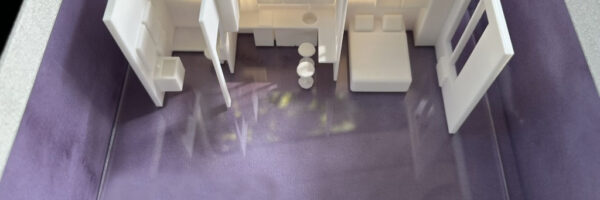 Maquette miniature d’appartement – vue de dessus – Lyon – 3D Printlab Vue de dessus d’une maquette miniature d’appartement réalisée en 3D par 3D Printlab pour une agence immobilière à Lyon.